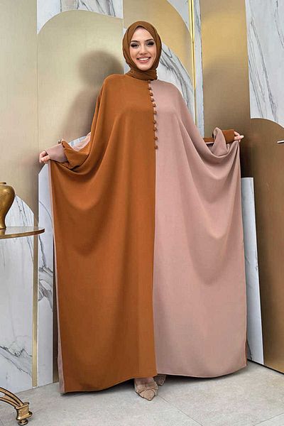 Bym Fashion Φόρεμα με λεπτομέρεια με διπλό χρώμα μπροστά με κουμπιά 3861 Tan