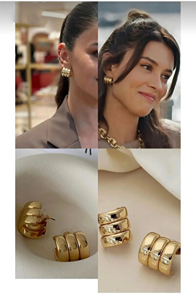 AURRARİ Gold 3 Sıra Bombeli Çelik Küpe Seti