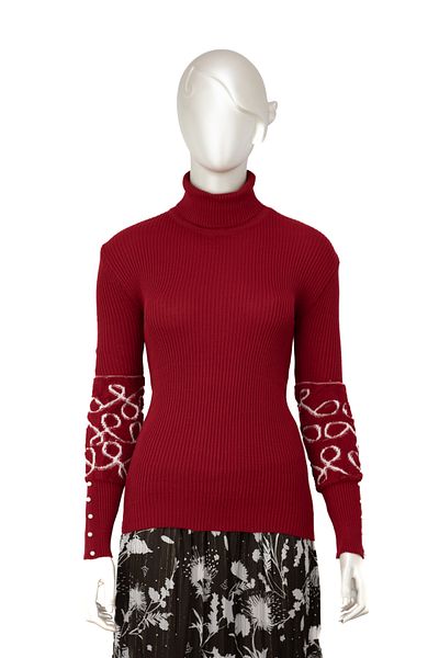 Oppland Women's Winter Sleeves Stylish Beaded Full Turtle Collar Fitted Knitted Knitwear Badi Sweater