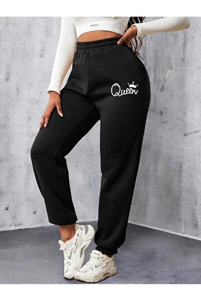 Boi Queen Text Printed Μαύρο Γυναικείο Oversize Χειμερινό Φούτερ - Ελαστικό π...