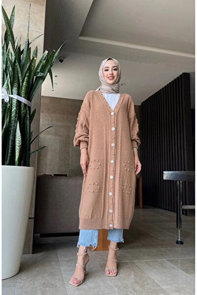 asyadabutik كارديغان طويل محبوك مع أزرار لؤلؤية مطرزة