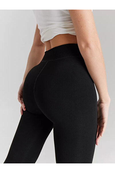 MİSTİRİK Pezzoli Model - Fleece Look Plush Casual Leggings, Single Stitch, Black Color