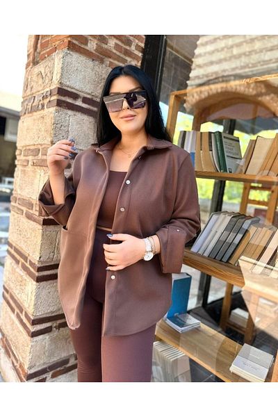 Butik Nilyam Γυναικείο μπουφάν με τσέπες μεγάλου μεγέθους 21077 καφέ