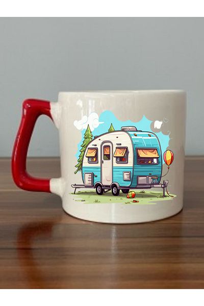 lili hediyelik Camping Themed Red Handled Mug Cup - Ceramic Tea, Coffee Gift Cup