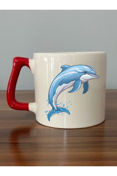 lili hediyelik Dolphin Themed Red Handle Mug Cup Ceramic Mug - Ceramic Tea, Coffee Gift Cup