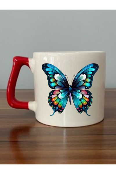 lili hediyelik Butterfly Printed Red Handle Mug Cup - Ceramic Tea, Coffee Gift Cup