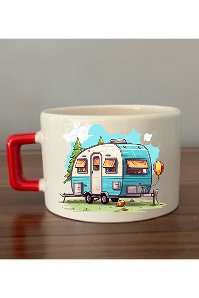 lili hediyelik Caravan Visual Cup with Red Handle Ceramic Mug - Ceramic Tea, Coffee Gift Cup