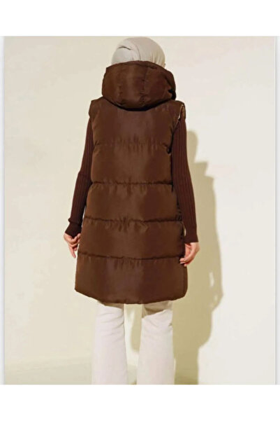 ECRİN MODA Γυναικείο φουσκωτό γιλέκο διπλής όψης καφέ μπεζ
