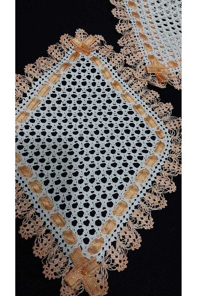 Papatyam Hand Knitted Crochet Embroidery 2 Piece Coffee Table Cover Set/Handcrafted Lace Cover/25x35