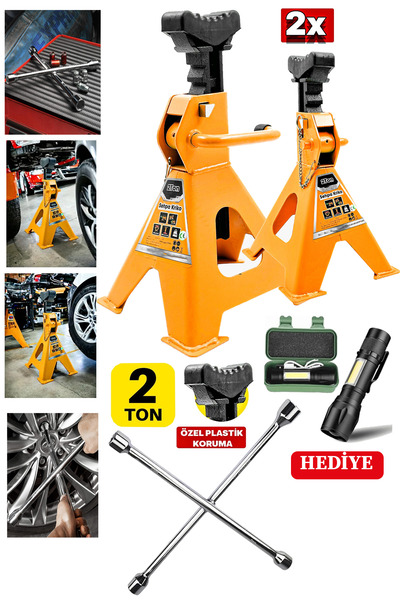 STAXX POWER 2000kg Kapasiteli 4 Ayaklı Kriko Standı 2x Çift Kriko Sehpası Araç Kriko + 4'lü Bijon El Feneri