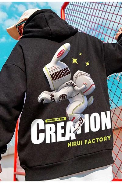 Touz Moda Street Wear Alien Rabbit Printed Oversize Unisex Φούτερ με μαύρη κουκούλα με κουκούλα