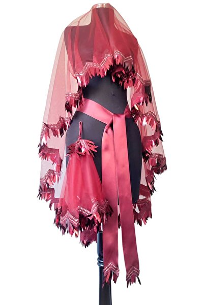 MODA NUR Bordo Gelin Duvağı Seti Düğün Yüz Örtüsü Kına Gecesi Nikah Duvak Kuş...