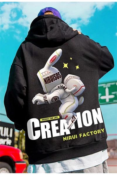 Touz Moda Street Wear Alien Rabbit Printed Oversize Unisex Φούτερ με μαύρη κουκούλα με κουκούλα