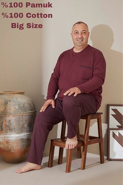bigiyin Burgundy Plus Size Men's Pajama Set Men's Long Sleeve Pajama Set Cotton Pajama Set