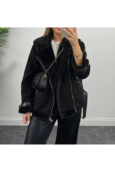 pembekurdelem Палто за мотоциклетисти от набук, пълно с овчи, черно