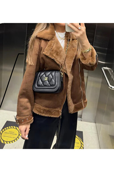 pembekurdelem Кафяво велосипедно палто от набук с пълна кожа отвътре