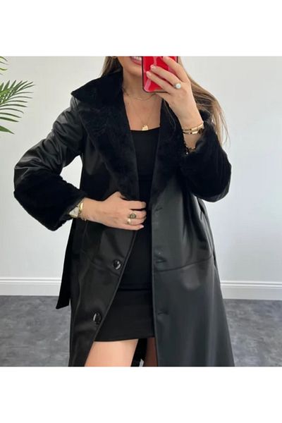 pembekurdelem Women's Fur Collar Leather Trench Coat Black