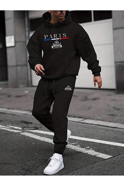 Boi Paris Exclusive Combination Bottom Top Σετ αθλητικής φόρμας - Μαύρη εμπριμέ μεγάλη λαστιχένια κουκούλα