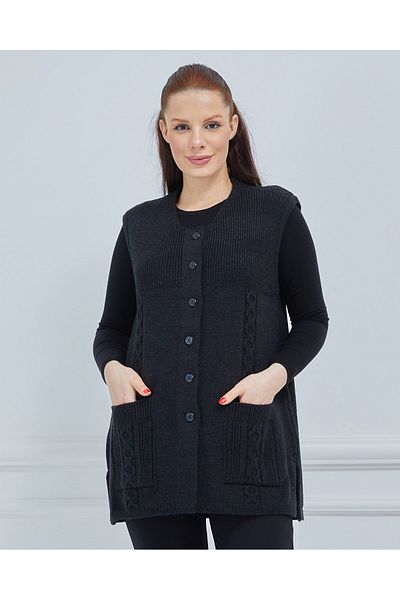 Fresh&Moda Women's Round Neck Knitwear Buttoned Winter Wool Vest with Pockets