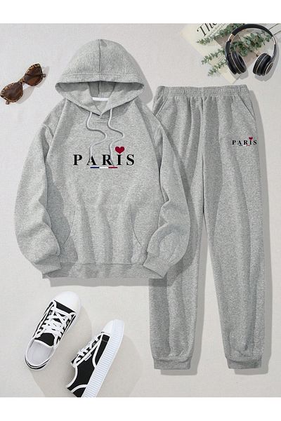 Boi Σετ αθλητική φόρμα Paris Heart Combination Bottom Top - Γκρι εμπριμέ μεγάλου μεγέθους λαστιχένια κουκούλα