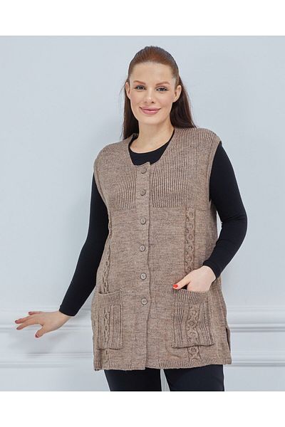 Fresh&Moda Дамски зимен вълнен елек с кръгло деколте и джобове