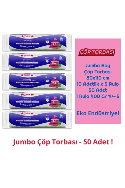 Jumbo Boy Çöp Torbası 80x110cm 10x5 Rulo 50 Adet Rulo 400 Gr
