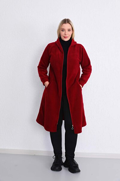 Kardelen Butik Ümraniye Plus Size Fleece Long Cardigan Claret Red