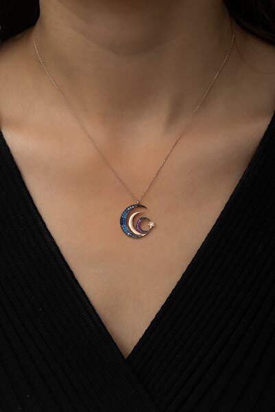 Sinsirella Üç Hilal Ve Yıldız Ritimli Bayrak Kolye Renkli Taş Rose Gold Kapla...
