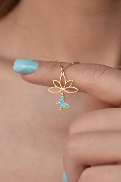 Sinsirella 925 Ayar Gümüş Altın Kaplama Firuze Taşlı Kelebek Lotus Çiçeği Kolye
