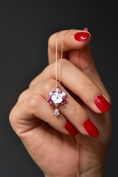 Sinsirella 925 Ayar Gümüş Rose Kaplama Tasarım Fuşya Taşlı Sedef Manolya Çiçe...