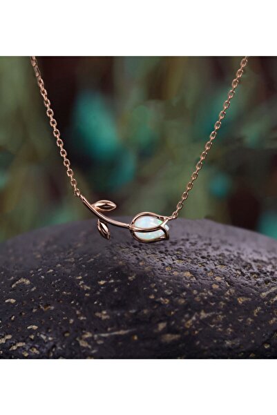 Sinsirella 925 Ayar Gümüş Rose Kaplama Opal Taşlı Lale Kolye