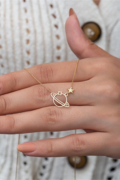 Sinsirella Orta Boy Gezegen Kolye 14 Ayar Altın Kaplama 925 Ayar Gümüş