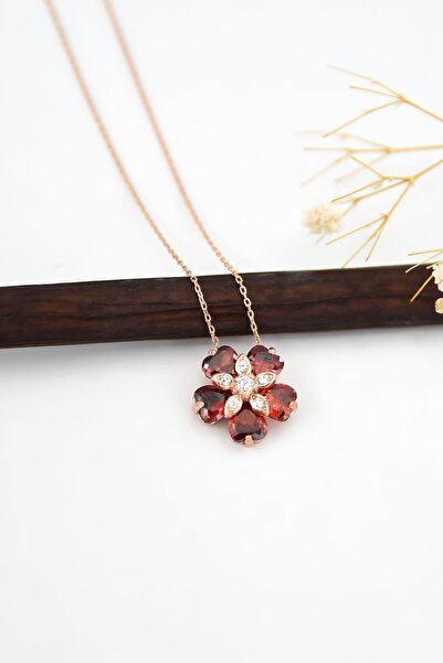 Sinsirella 925 Ayar Gümüş Rose Kaplama Kırmızı Taşlı Unutma Beni Çiçeği Kadın...