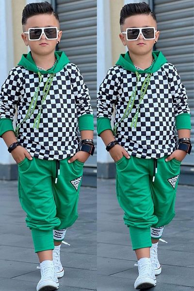 Riccotarz Boy's Checkerboard Patterned Thick Tiered 3 Thread Hooded Green Tracksuit