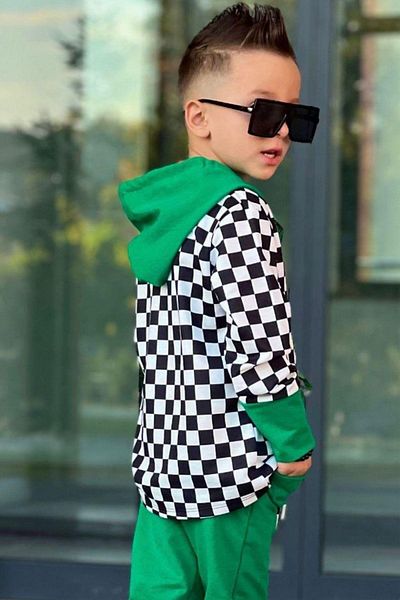 Riccotarz Boy's Checkerboard Patterned Thick Tiered 3 Thread Hooded Green Tracksuit