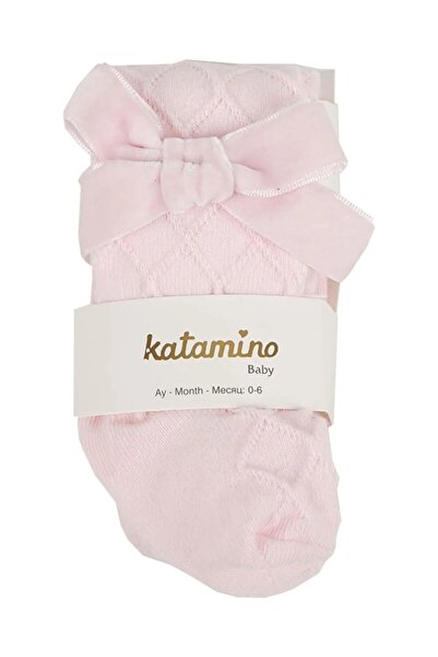 Katamino جوارب طويلة للفتيات الصغيرات بتفاصيل فيونكة منقوشة ذاتيًا