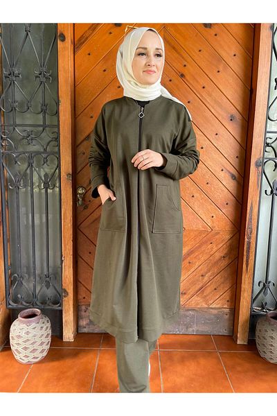 AYSUN AYDEMİR KHAKI GREEN ZIPPERED HIJAB TRACKSUIT WITH POCKETS