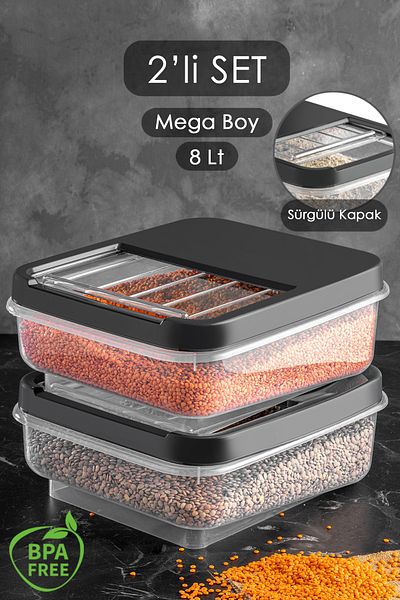 Meleni Home 2-Piece 8 Lt - Multibox Food Storage Container with Sliding Lid Multi-Purpose Organizer Storage Box Anthracite