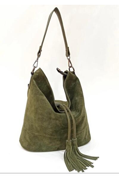 MissPapatya Γυναικεία δερμάτινη τσάντα χεριών και ώμου με διπλό ριγέ χακί πρά...