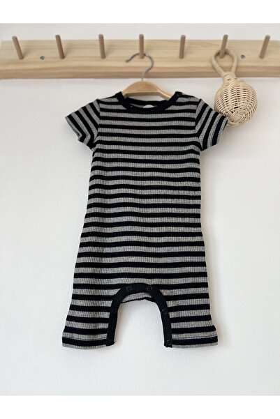 KEY KIDS Black Gray Striped Ribbed Organic Modal Romper 100% Cotton