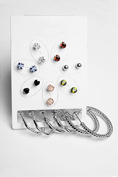EUROMODA Set of 10 Earrings with Hoop Solitaire and Ball Earrings, Zircon Stones, Gold and Silver Plated