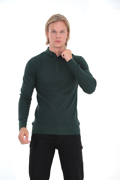 ELM WEAR سترة تريكو بأزرار وياقة بولو - أخضر
