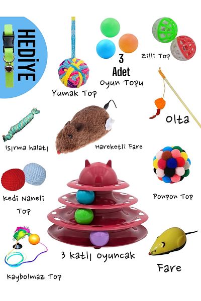 bite pet 13+1 Cat Play Set:3 Layer Toy,Moving Mouse,Olta,Soft Ball,Bib Toy