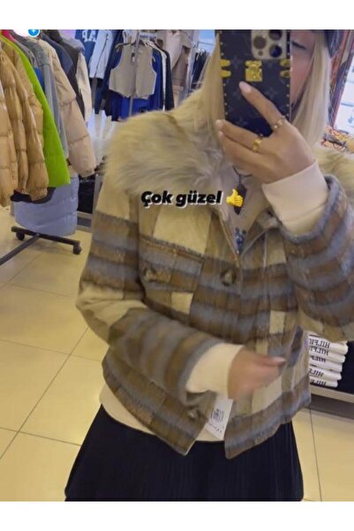 Kokoşum Butik 99073 Yaka Kürklü Mont Desenli