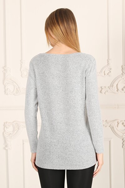 Seamoda V-Neck Slit Soft Large Size Women's Sweater-grey