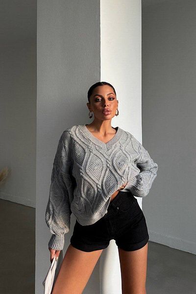 Ortaya Çık Pulover gri tricotat cu decolteu în V cu model