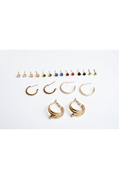 EUROMODA Halka Tektaş Ve Top Küpeli Zirkon Taşlı Gold Ve Gümüş Kaplamalı 10lu Küpe Seti