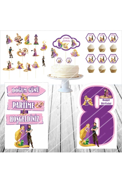 SİYAH PARTİ EVİ Rapunzel Doğum Günü Masa Panosu / Pasta Süsü Seti 8 Yaş