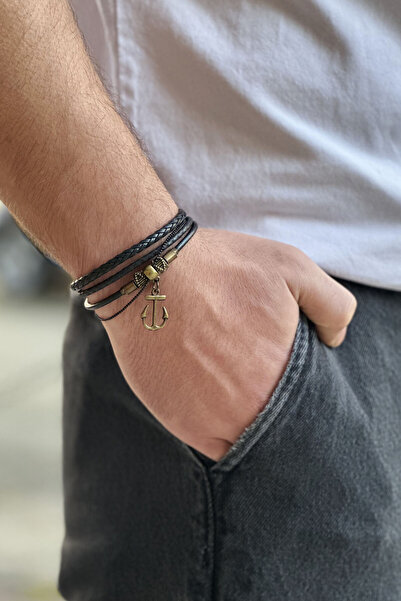 etniko Çapa Temalı Zincir Detaylı Hakiki Deri El Yapımı Etnik Erkek Bileklik