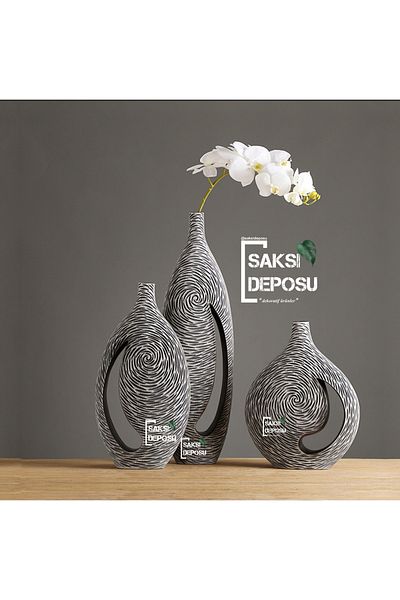 saksı deposu مزهرية رمادية منقوشة - 39 سم × 31 سم